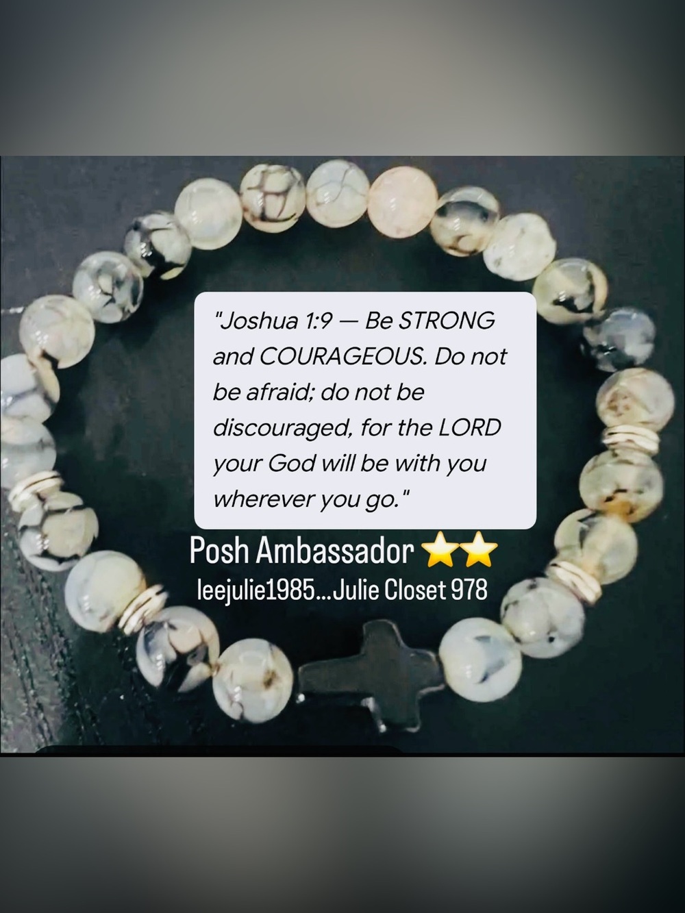 #3371**Marble Bead Stretch Bracelet with Cross Charm - White Black
